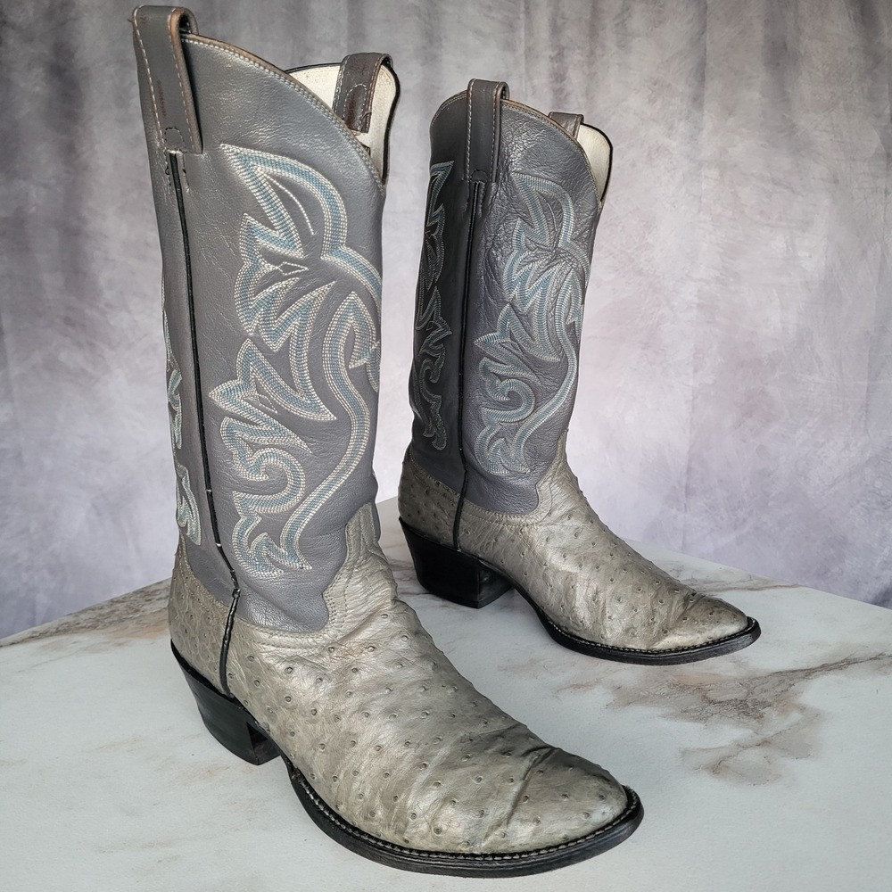 Size 9 EE Classic Full Quill Ostrich Western Cowboy Boots Grey